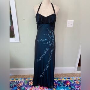 VINTAGE Y2K TRIXXI WHIMSY GOTH EVENING MAXI DRESS LARGE BLUE BLACK MESH BEADING